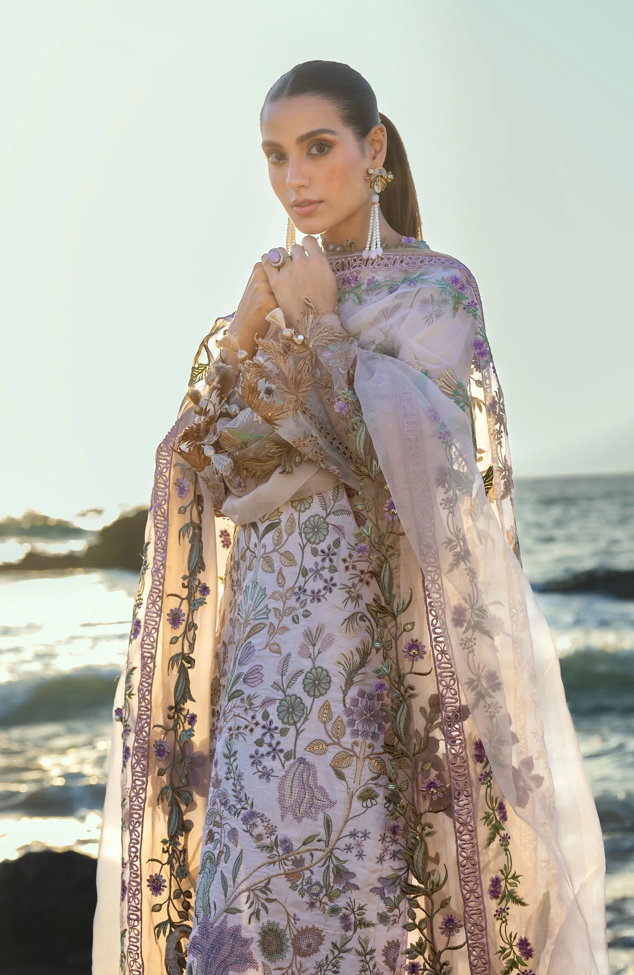Ivory long shirt with organza dupatta and embroidered borders – view 3 – Poshaq