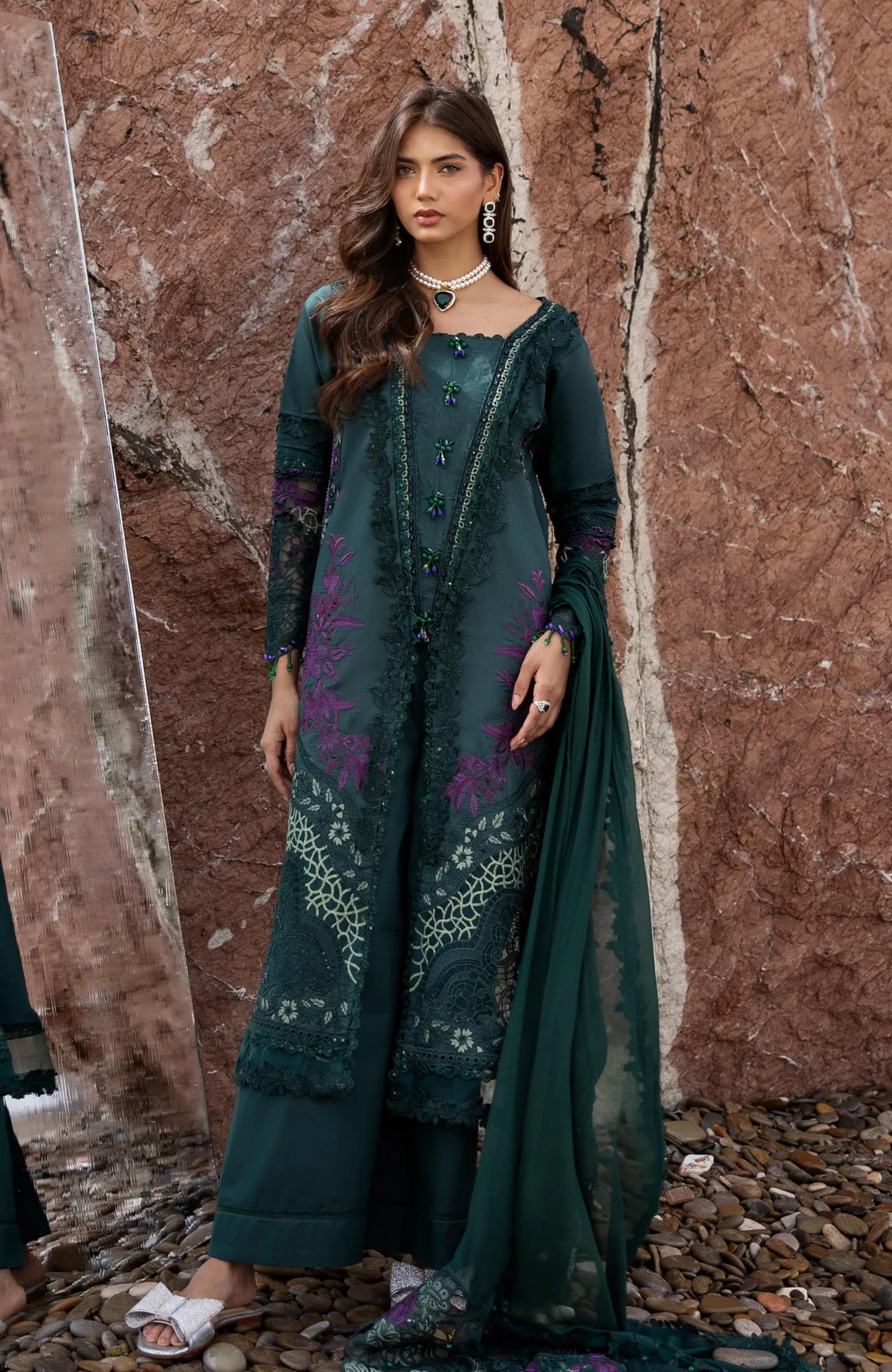 Deep Sea Green dress with organza and chiffon detailing – view 1 – Poshaq