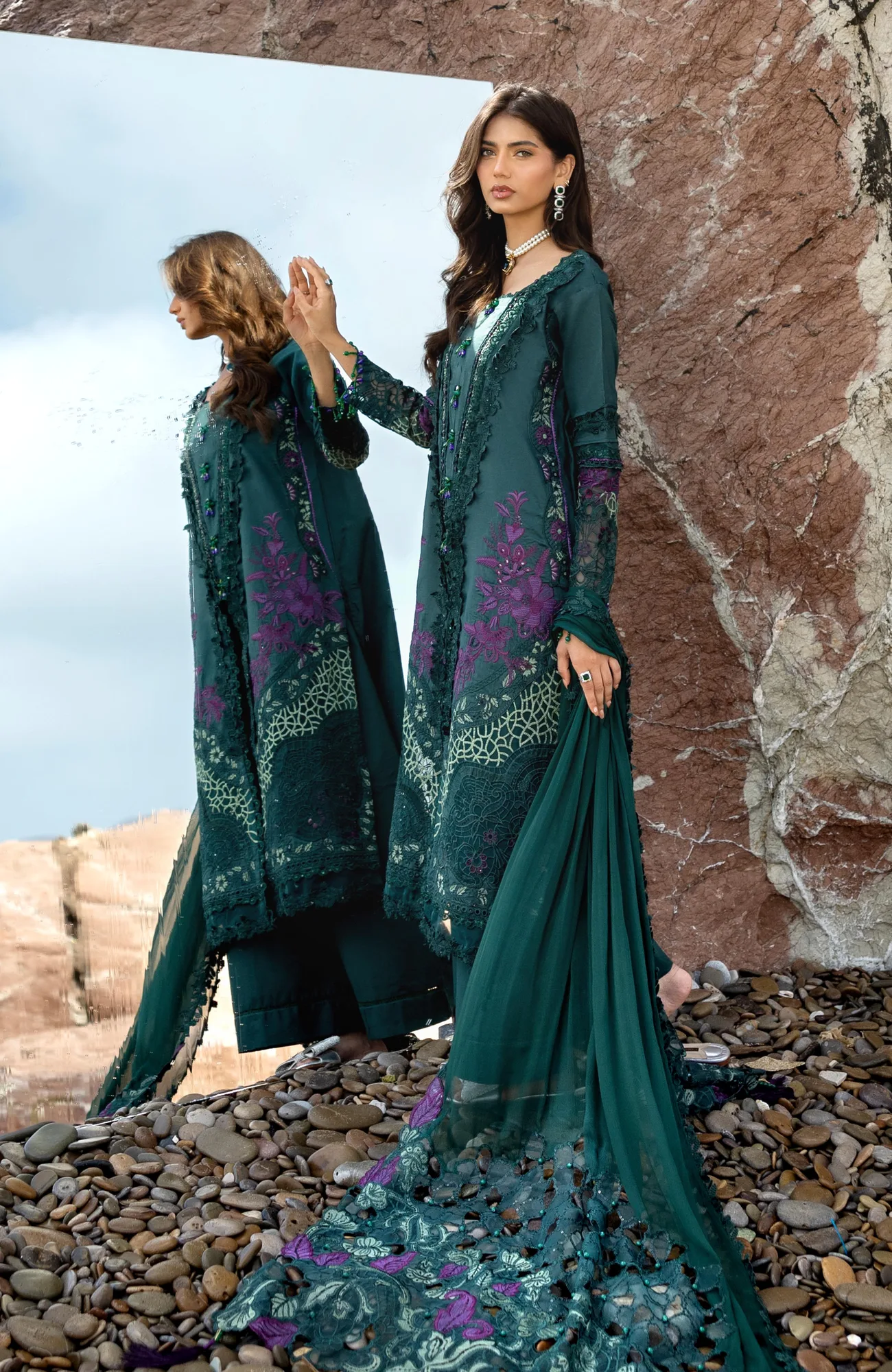 Deep Sea Green dress with organza and chiffon detailing – view 2 – Poshaq