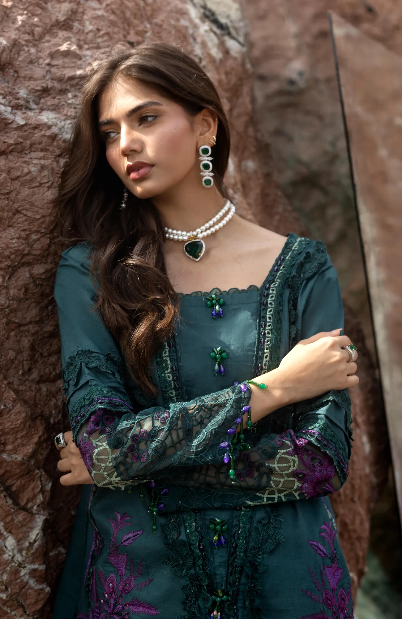 Deep Sea Green dress with organza and chiffon detailing – view 3 – Poshaq