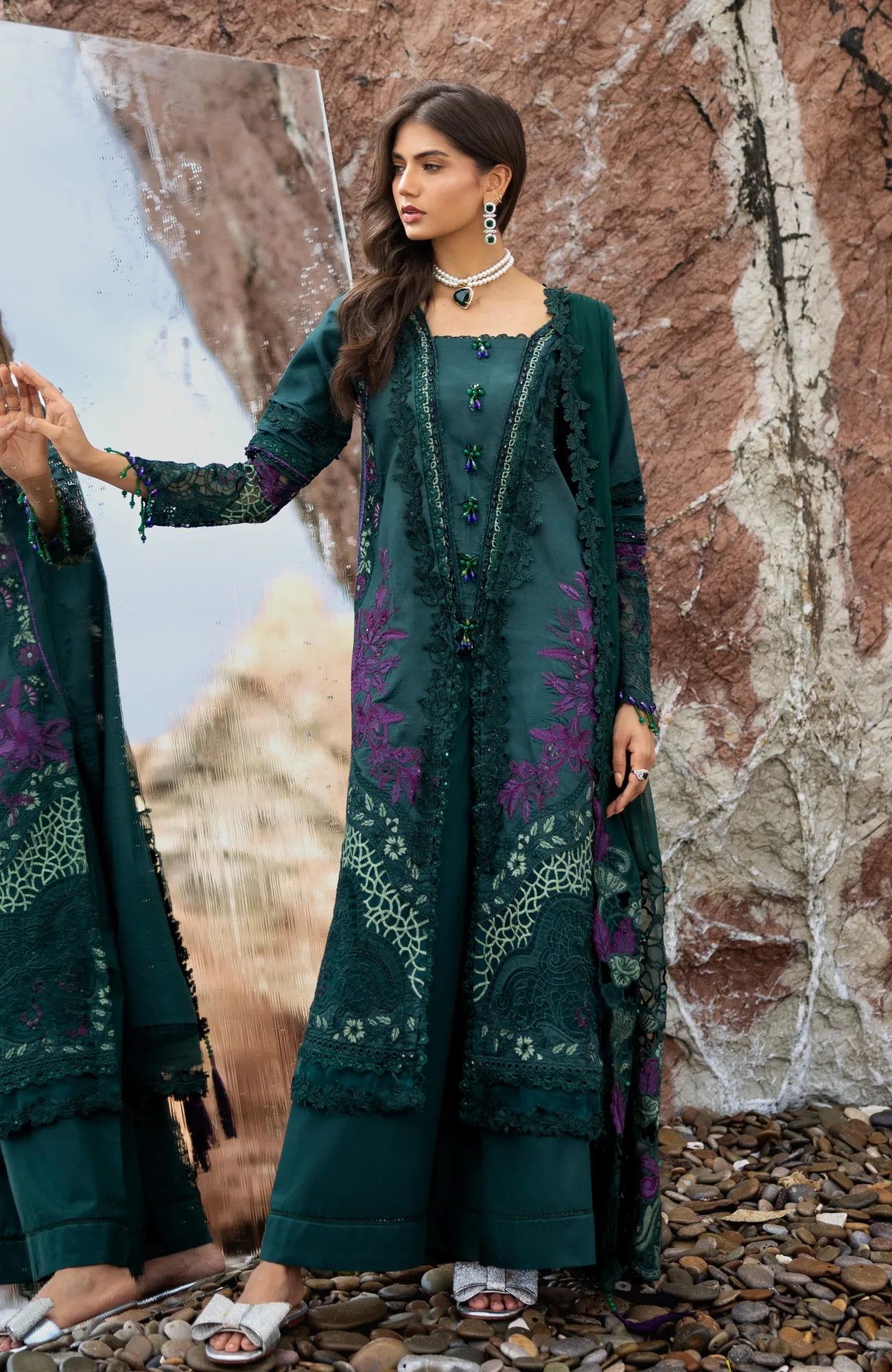 Deep Sea Green dress with organza and chiffon detailing – view 4 – Poshaq