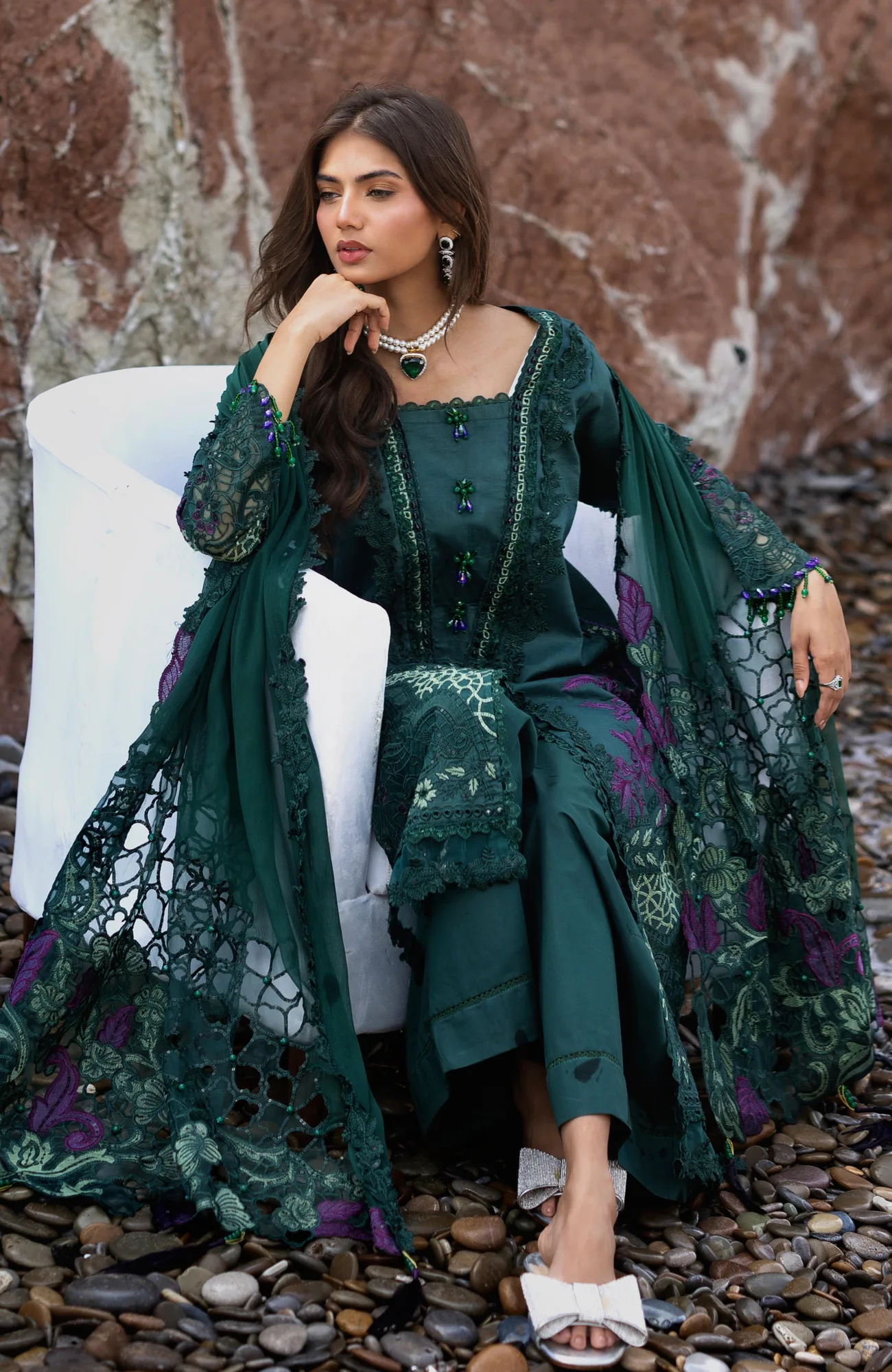 Deep Sea Green dress with organza and chiffon detailing – view 5 – Poshaq