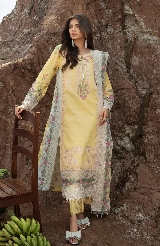 Maize Yellow lawn and organza long shirt with embroidered details – view 1 – Poshaq