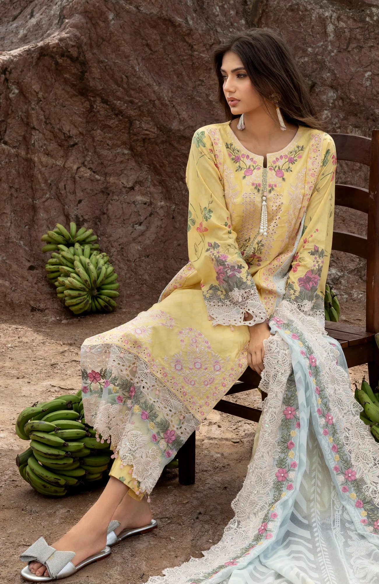 Maize Yellow lawn and organza long shirt with embroidered details – view 4 – Poshaq