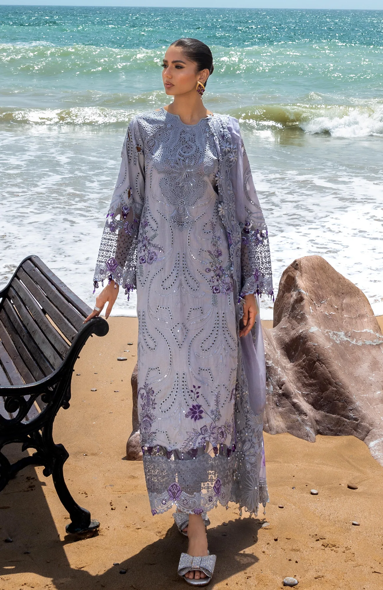 Light lavender long shirt with embroidered front and back details – view 1 – Poshaq