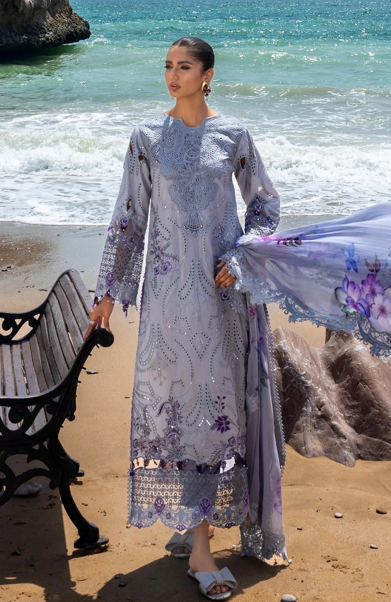 Light lavender long shirt with embroidered front and back details – view 4 – Poshaq