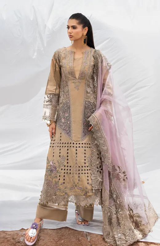 Beige long shirt with organza and lawn embroidery – view 1 – Poshaq