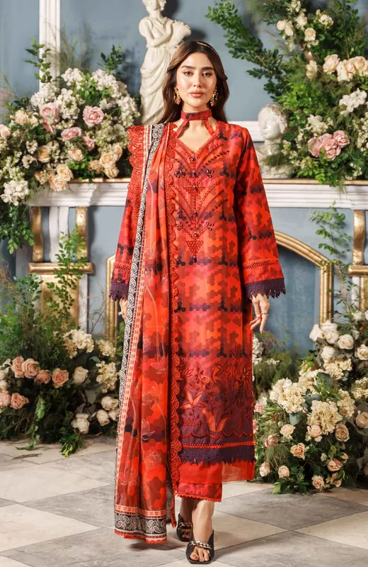 Carrot pink long cambric shirt with printkari cutwork applique – view 1 – Poshaq