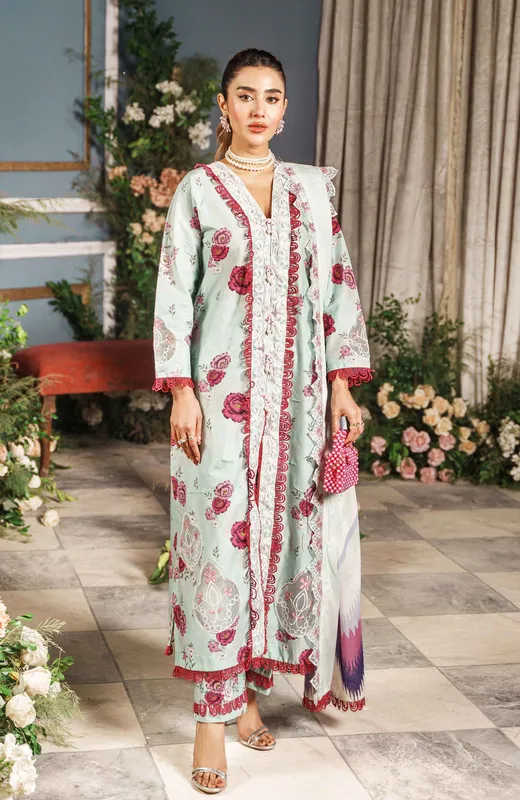 Ice Blue Cambric & Lawn Ladies Suit with Printkari Cutwork Applique – view 1 – Poshaq