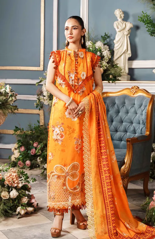 Orange long shirt with printkari cutwork applique, cambric and lawn details – view 1 – Poshaq