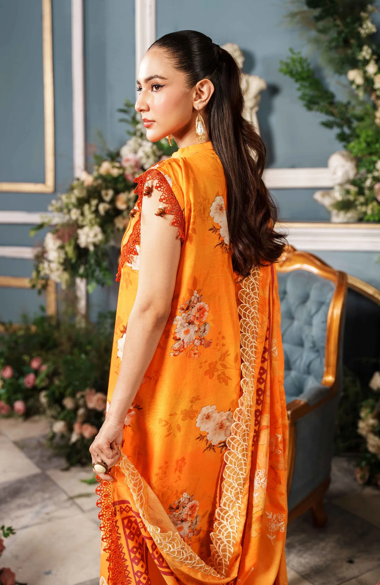 Orange long shirt with printkari cutwork applique, cambric and lawn details – view 2 – Poshaq