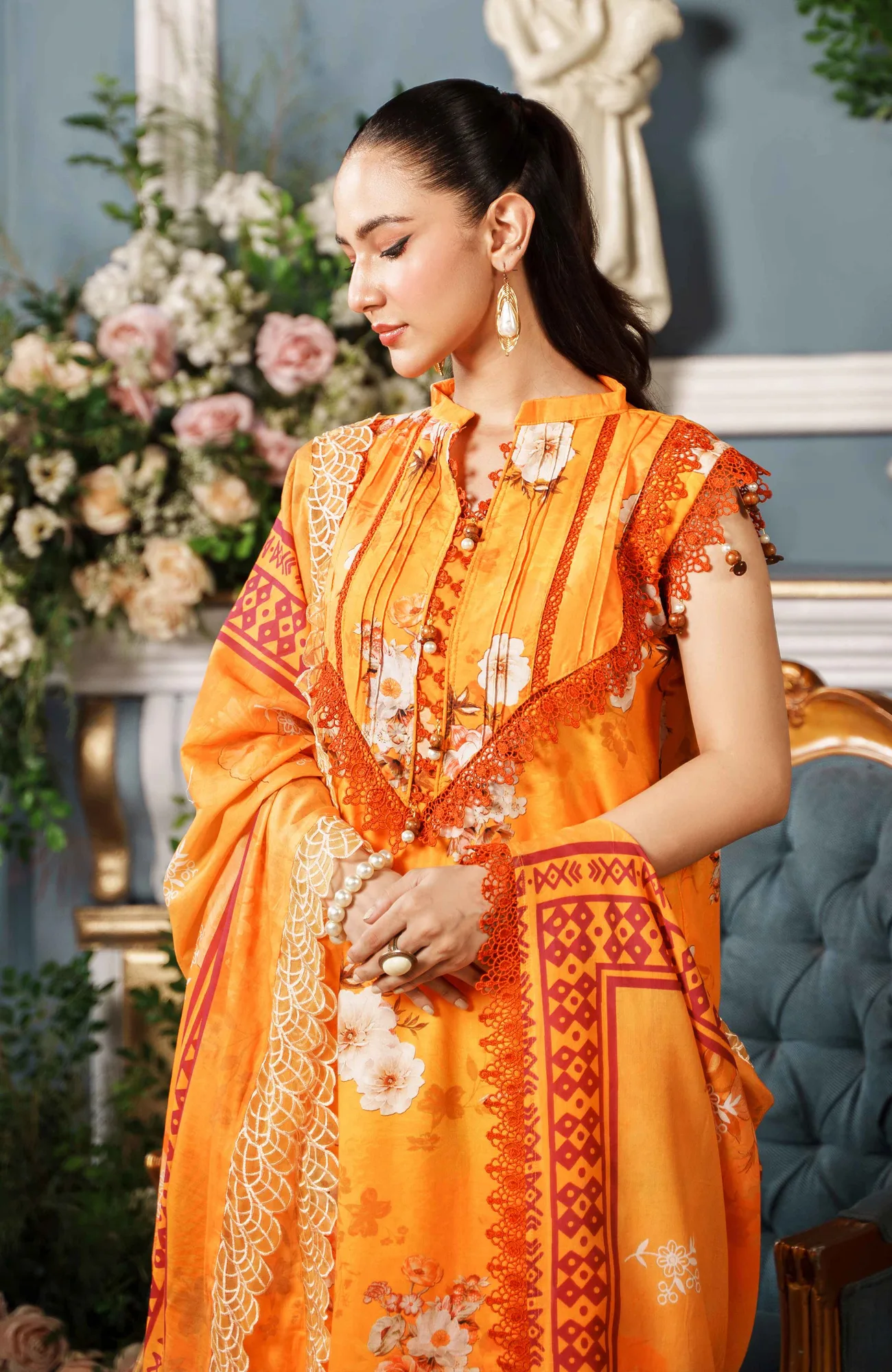 Orange long shirt with printkari cutwork applique, cambric and lawn details – view 3 – Poshaq