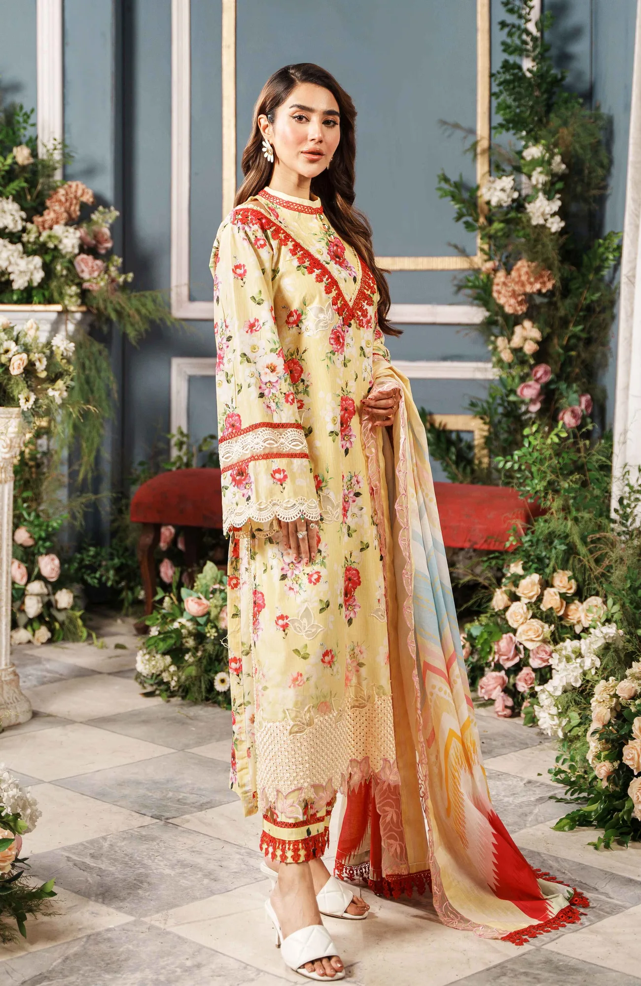 pale yellow long shirt with cambric and lawn detailing – view 3 – Poshaq