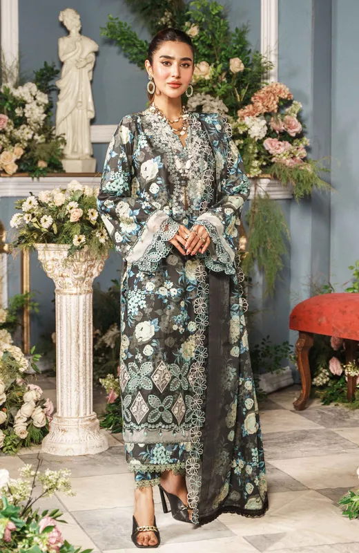 Black long shirt with cutwork appliqué on cambric and lawn dupatta – view 1 – Poshaq