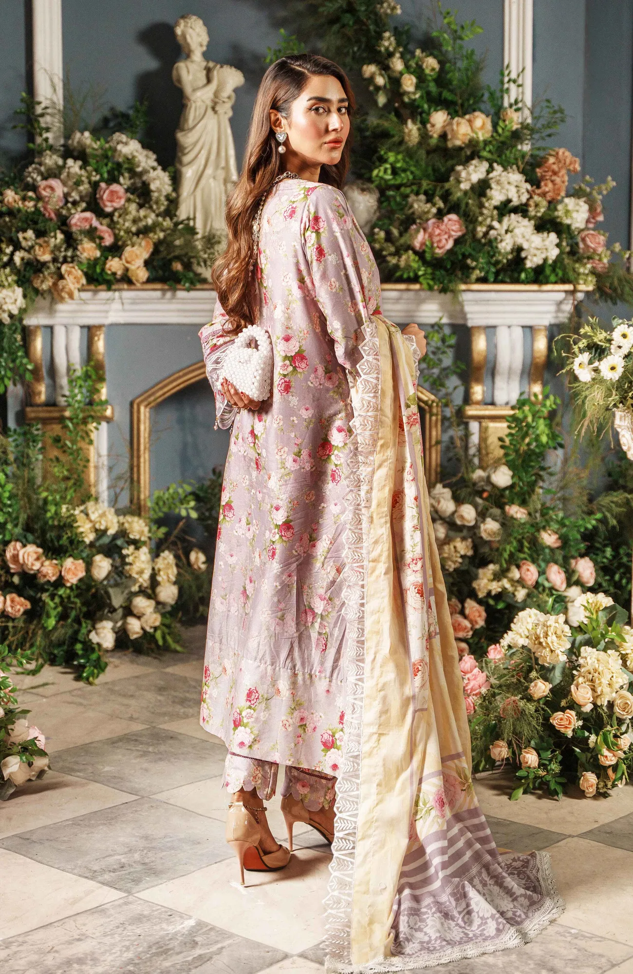 Pinkish gray long shirt with cutwork appliques – view 2 – Poshaq