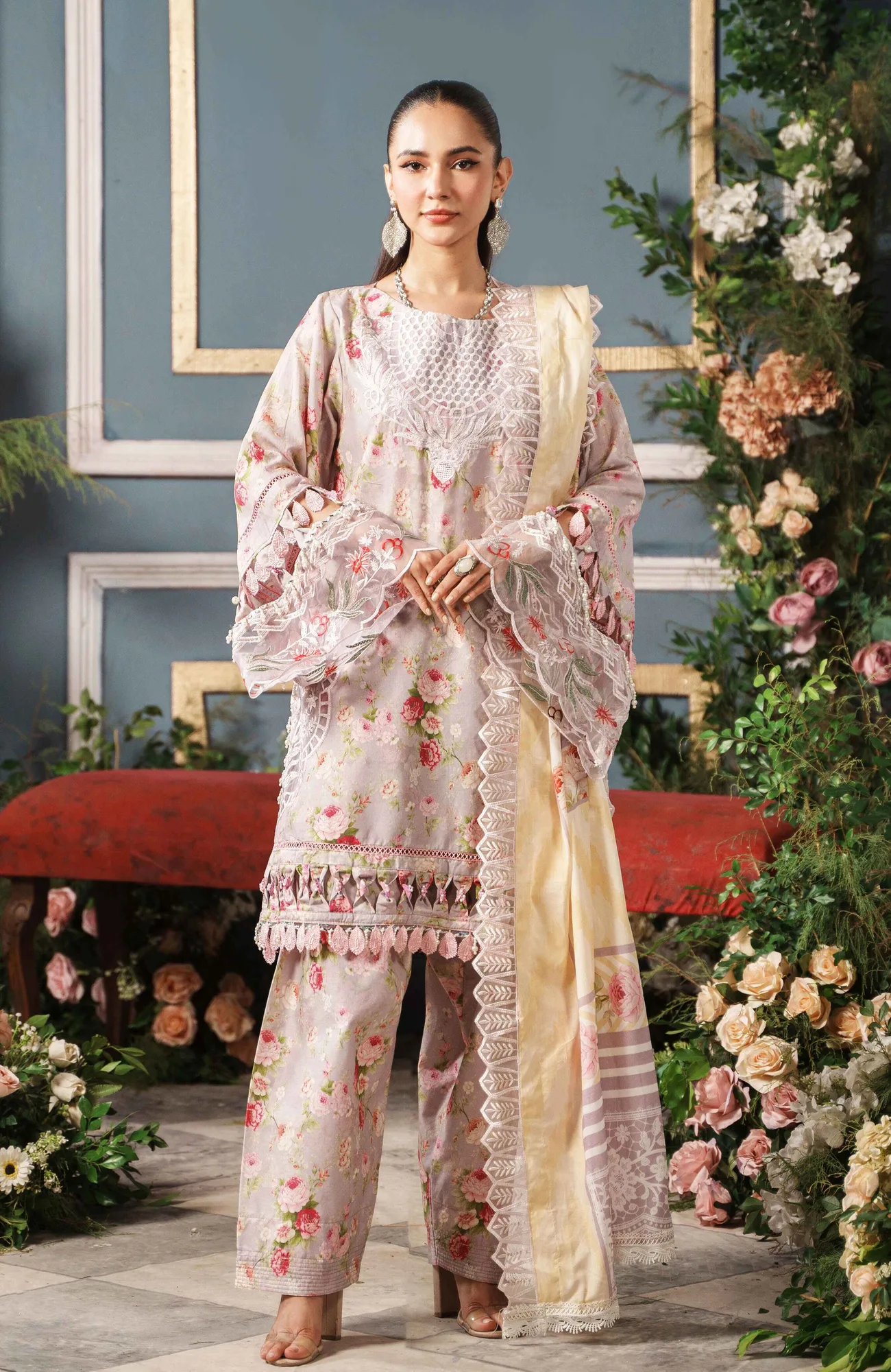 Pinkish gray long shirt with cutwork appliques – view 3 – Poshaq