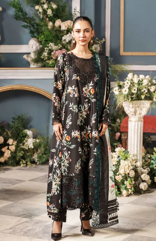 Black cambric long shirt with printkari cutwork – view 1 – Poshaq