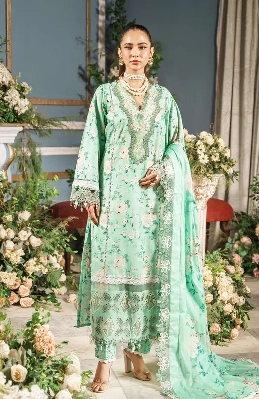 Mint green long shirt with cambric front and lawn dupatta featuring cut‑work applique – view 1 – Poshaq