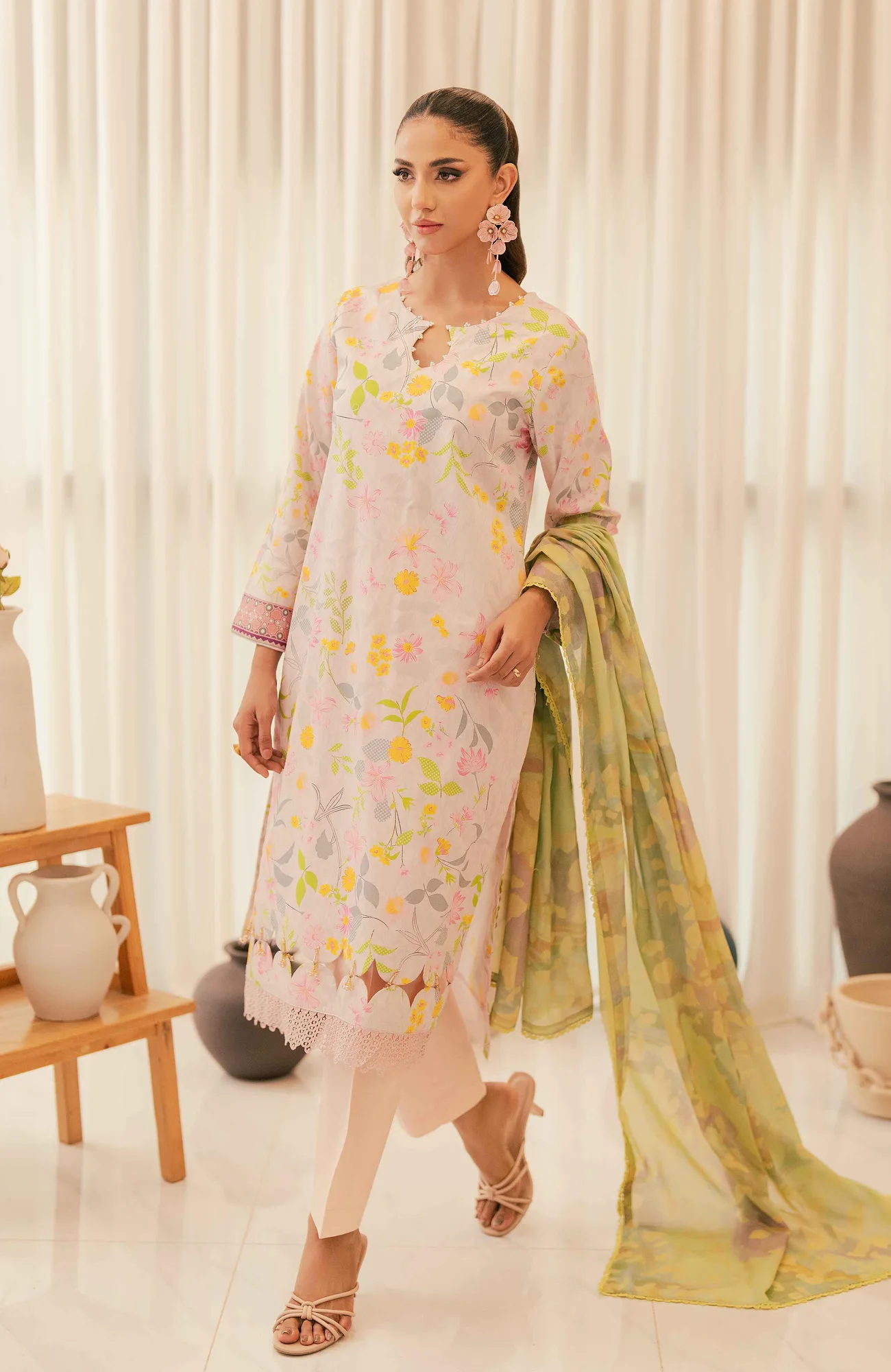 Ivory long shirt with subtle digital print from Al Zohaib – view 3 – Poshaq