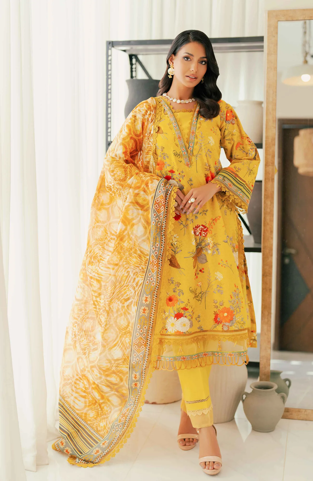 yellow cotton silk shirt with digital print dupatta – view 1 – Poshaq