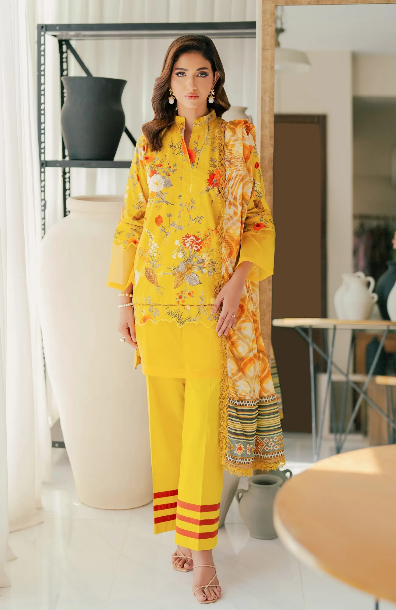 yellow cotton silk shirt with digital print dupatta – view 2 – Poshaq