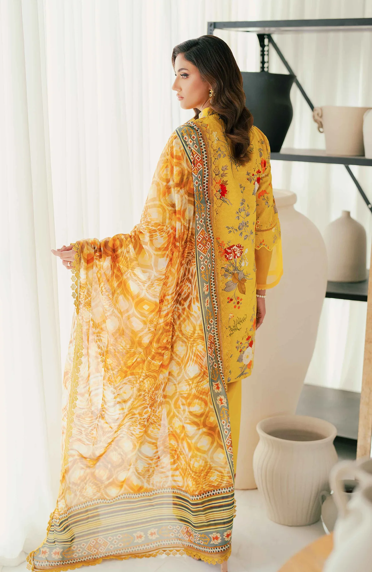 yellow cotton silk shirt with digital print dupatta – view 3 – Poshaq