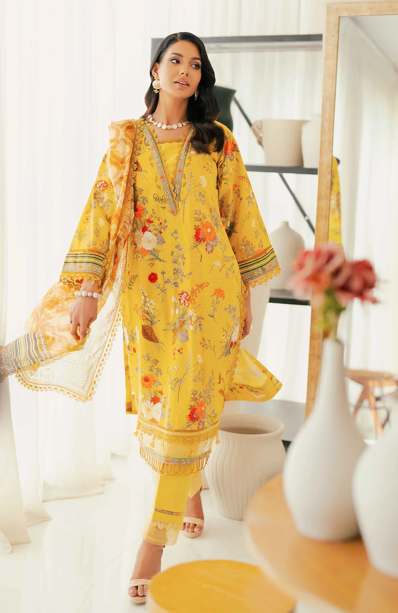yellow cotton silk shirt with digital print dupatta – view 4 – Poshaq