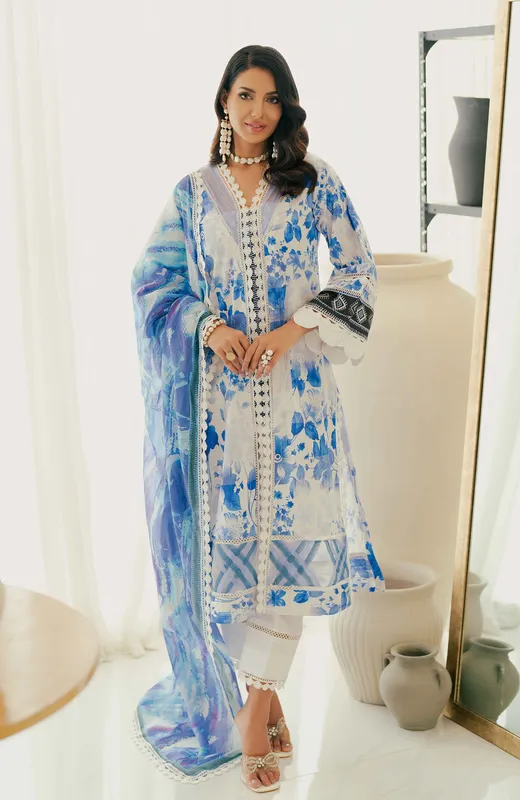 White long shirt with digital printed satin dupatta and dyed cambic trousers – view 1 – Poshaq