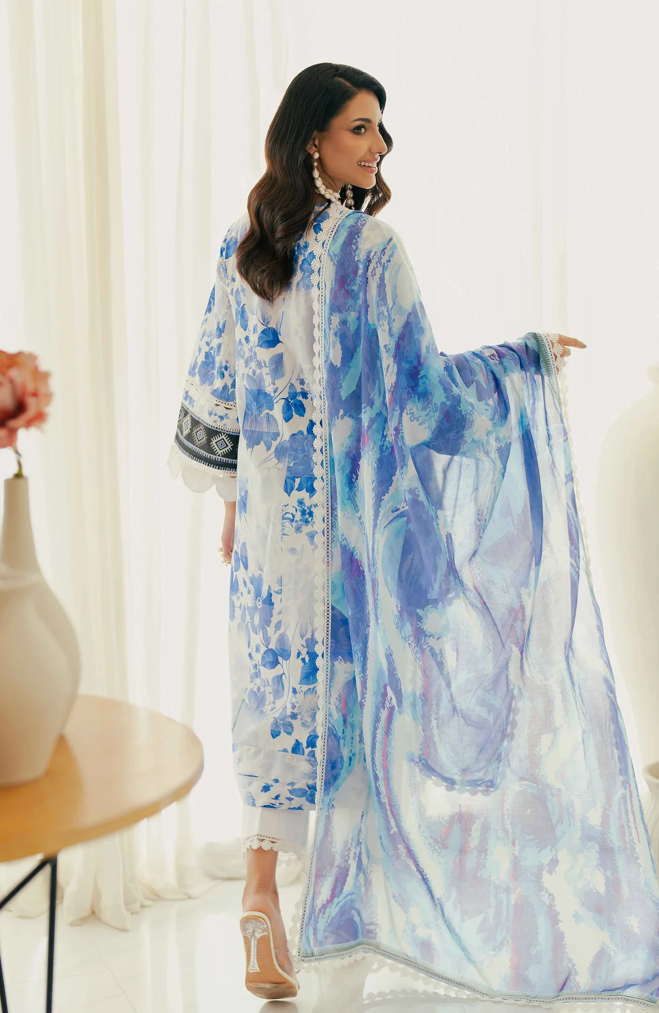 White long shirt with digital printed satin dupatta and dyed cambic trousers – view 2 – Poshaq