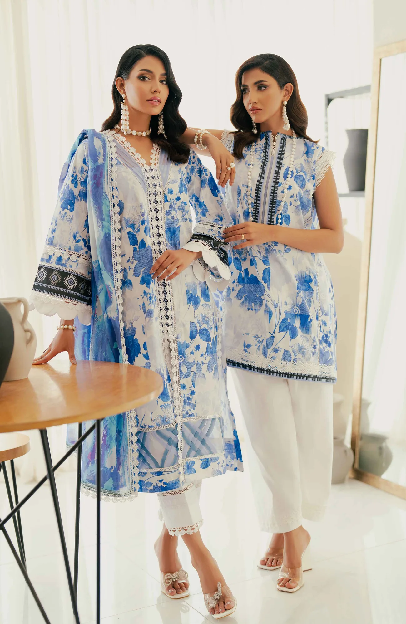 White long shirt with digital printed satin dupatta and dyed cambic trousers – view 4 – Poshaq
