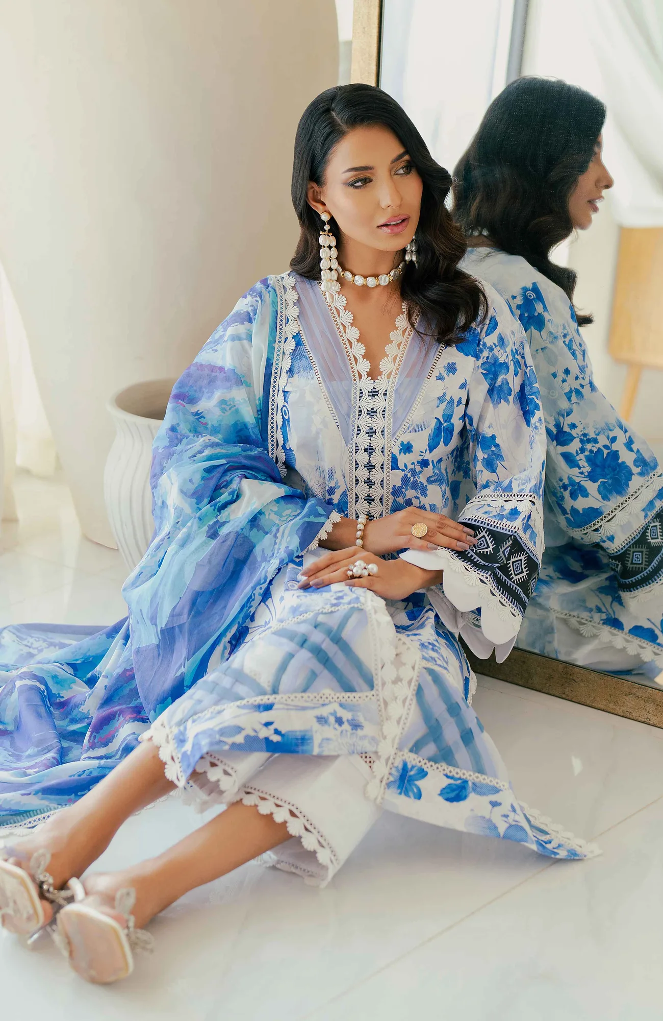White long shirt with digital printed satin dupatta and dyed cambic trousers – view 5 – Poshaq