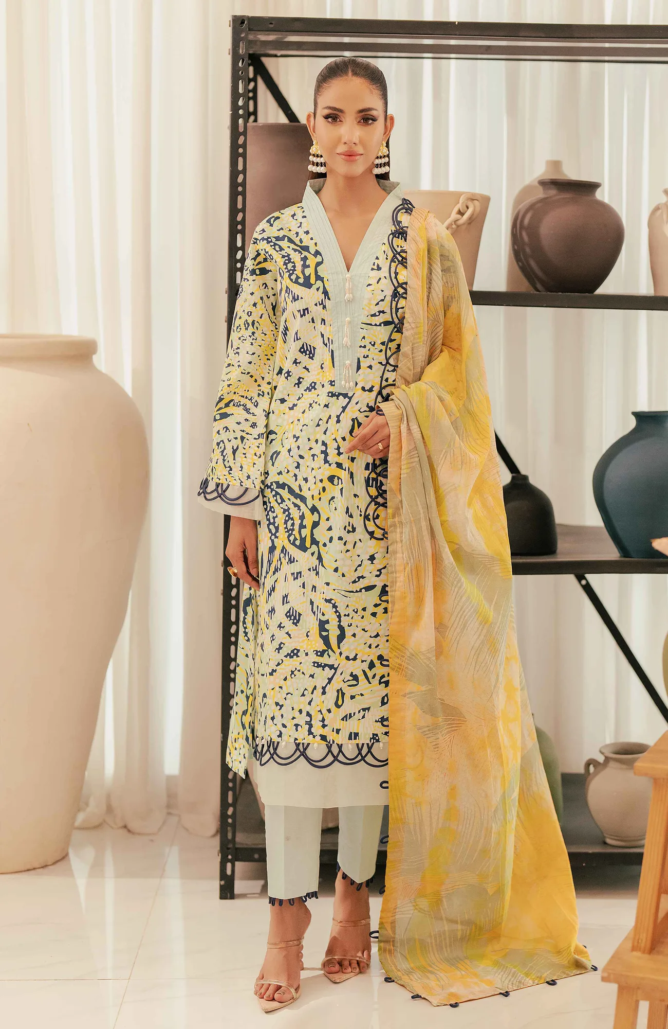 Off white long shirt with satin accents by Al Zohaib – view 1 – Poshaq