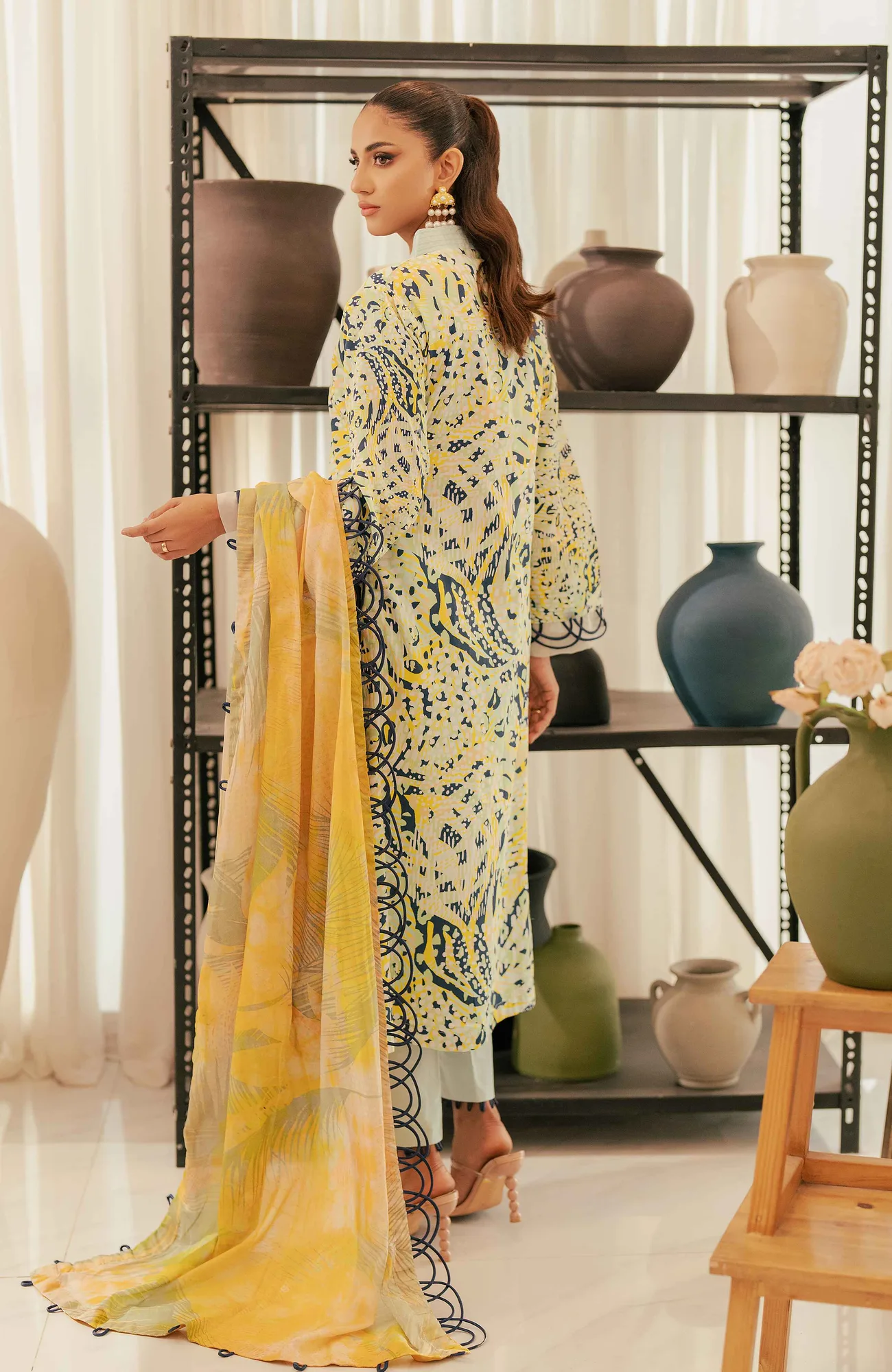 Off white long shirt with satin accents by Al Zohaib – view 2 – Poshaq