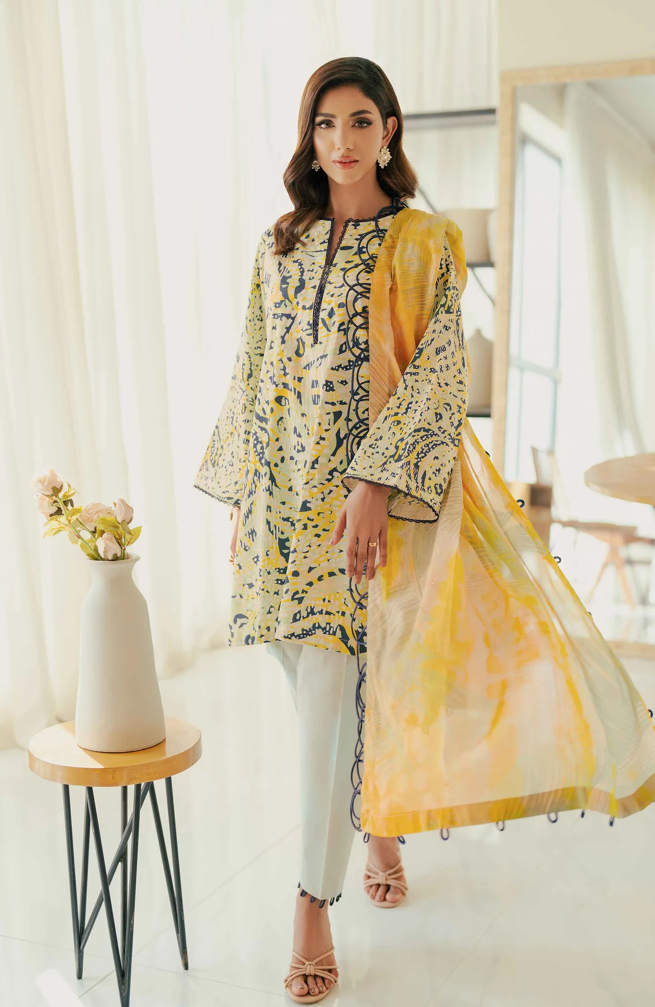 Off white long shirt with satin accents by Al Zohaib – view 3 – Poshaq