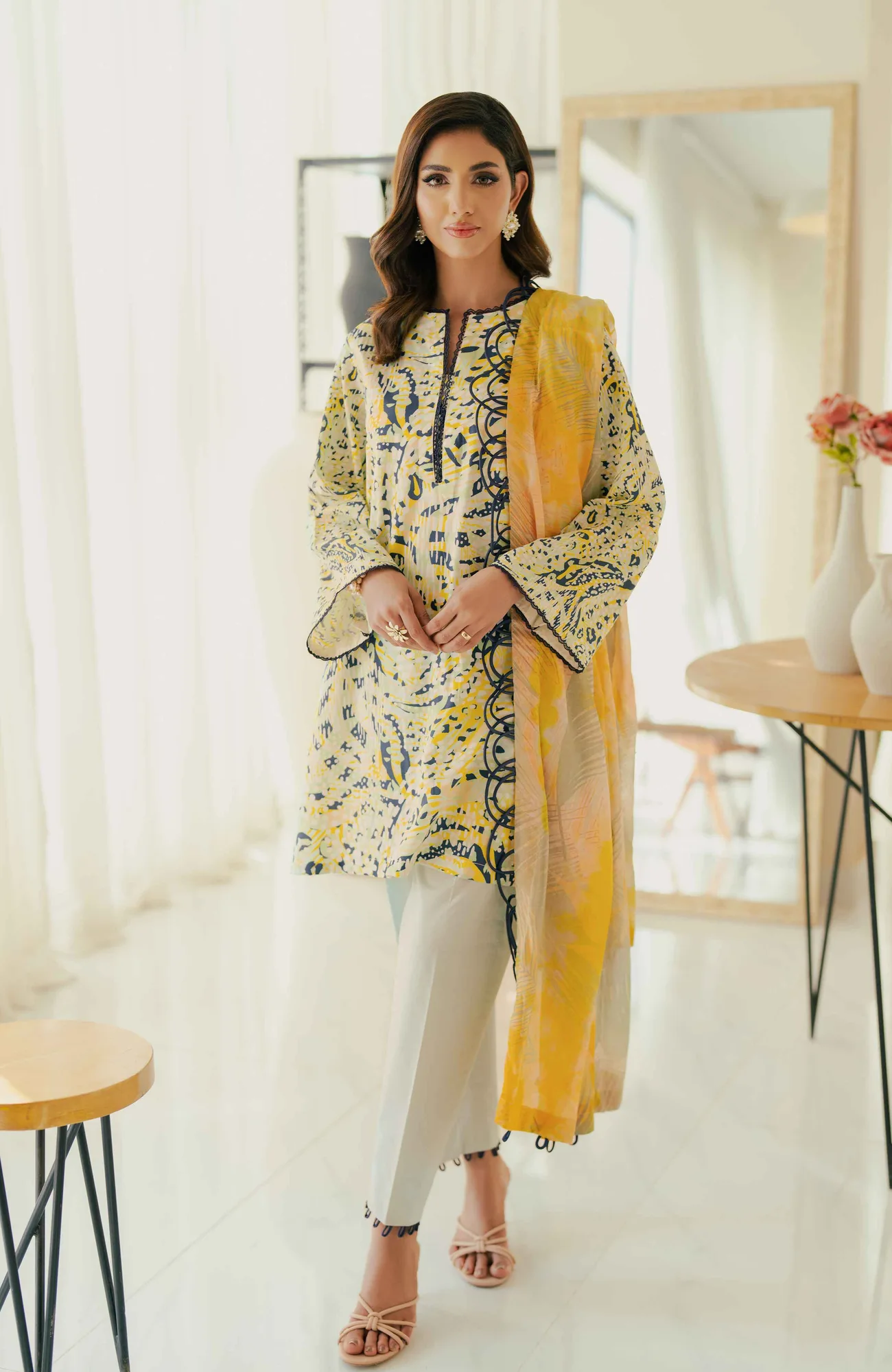 Off white long shirt with satin accents by Al Zohaib – view 4 – Poshaq