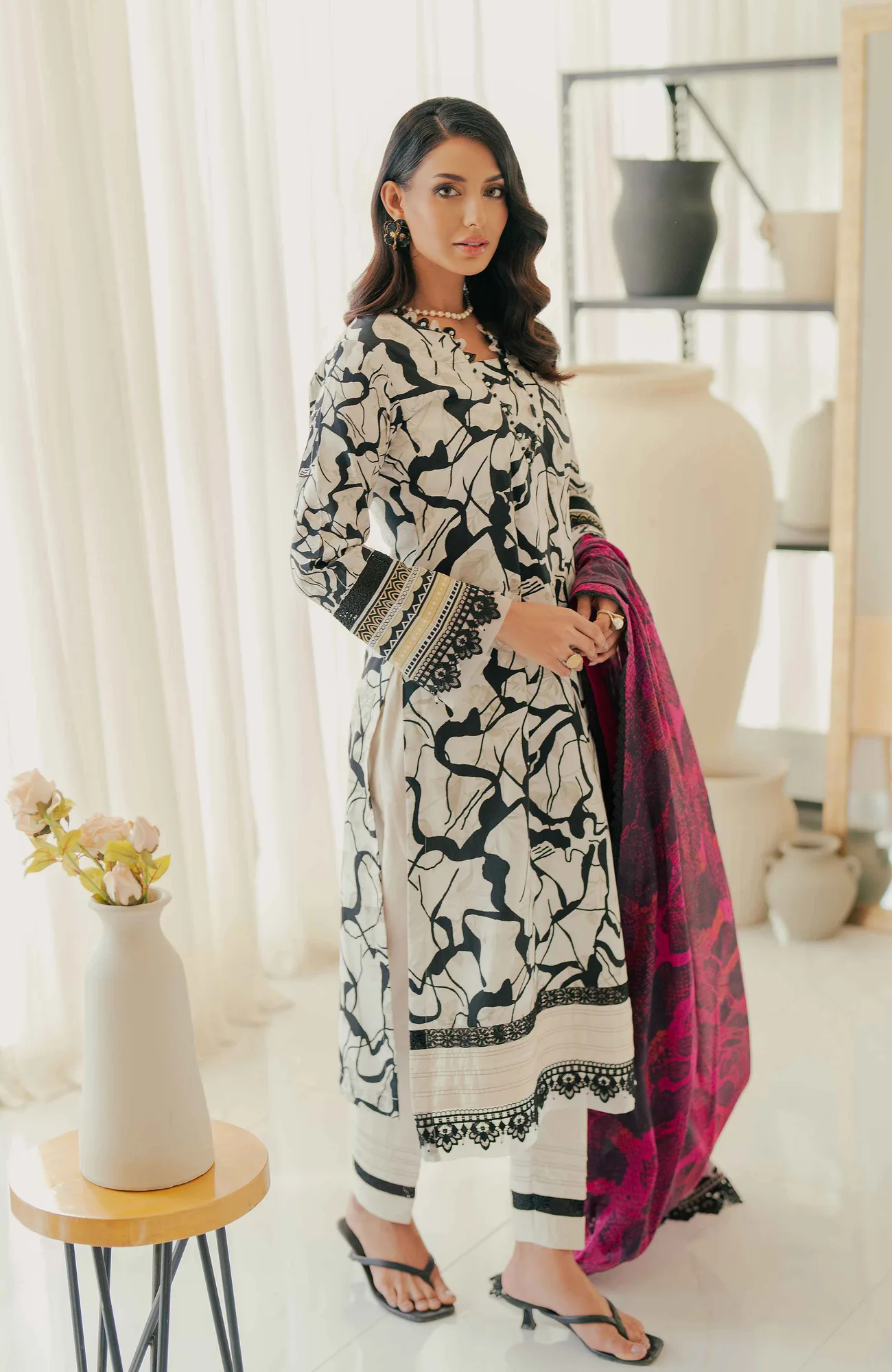 Off white cotton silk long shirt with subtle satin trim – view 3 – Poshaq