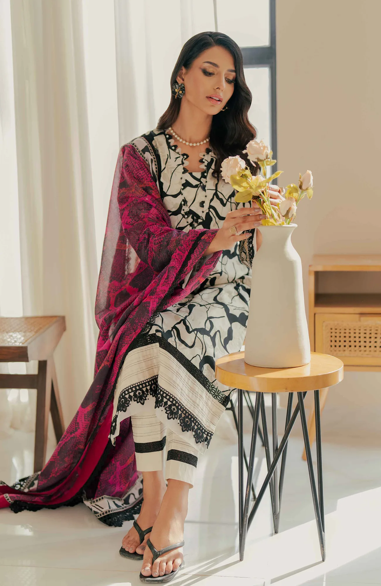 Off white cotton silk long shirt with subtle satin trim – view 4 – Poshaq