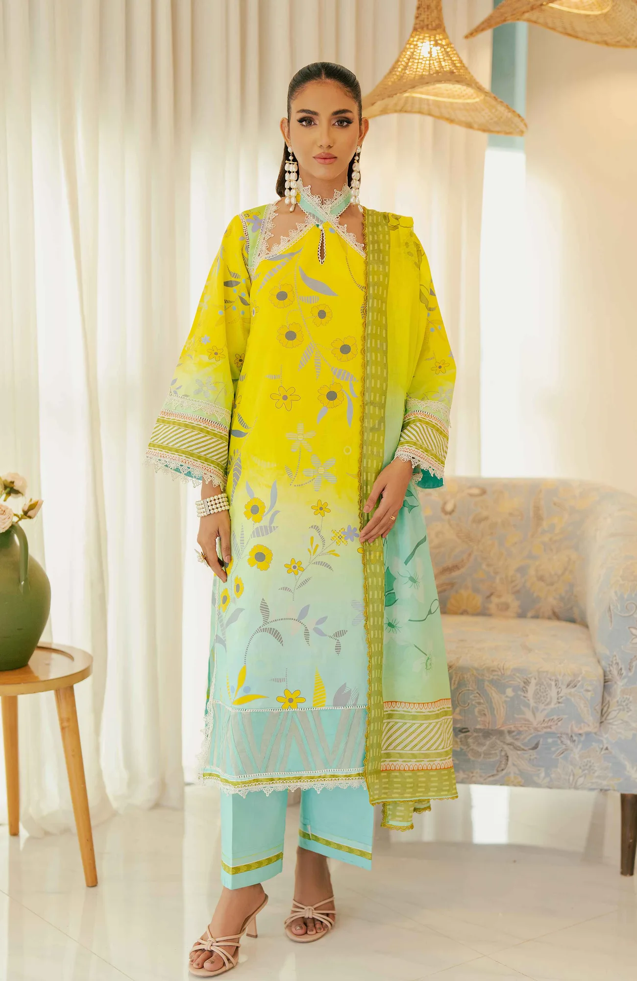 Yellow long shirt with cotton silk fabric – view 1 – Poshaq