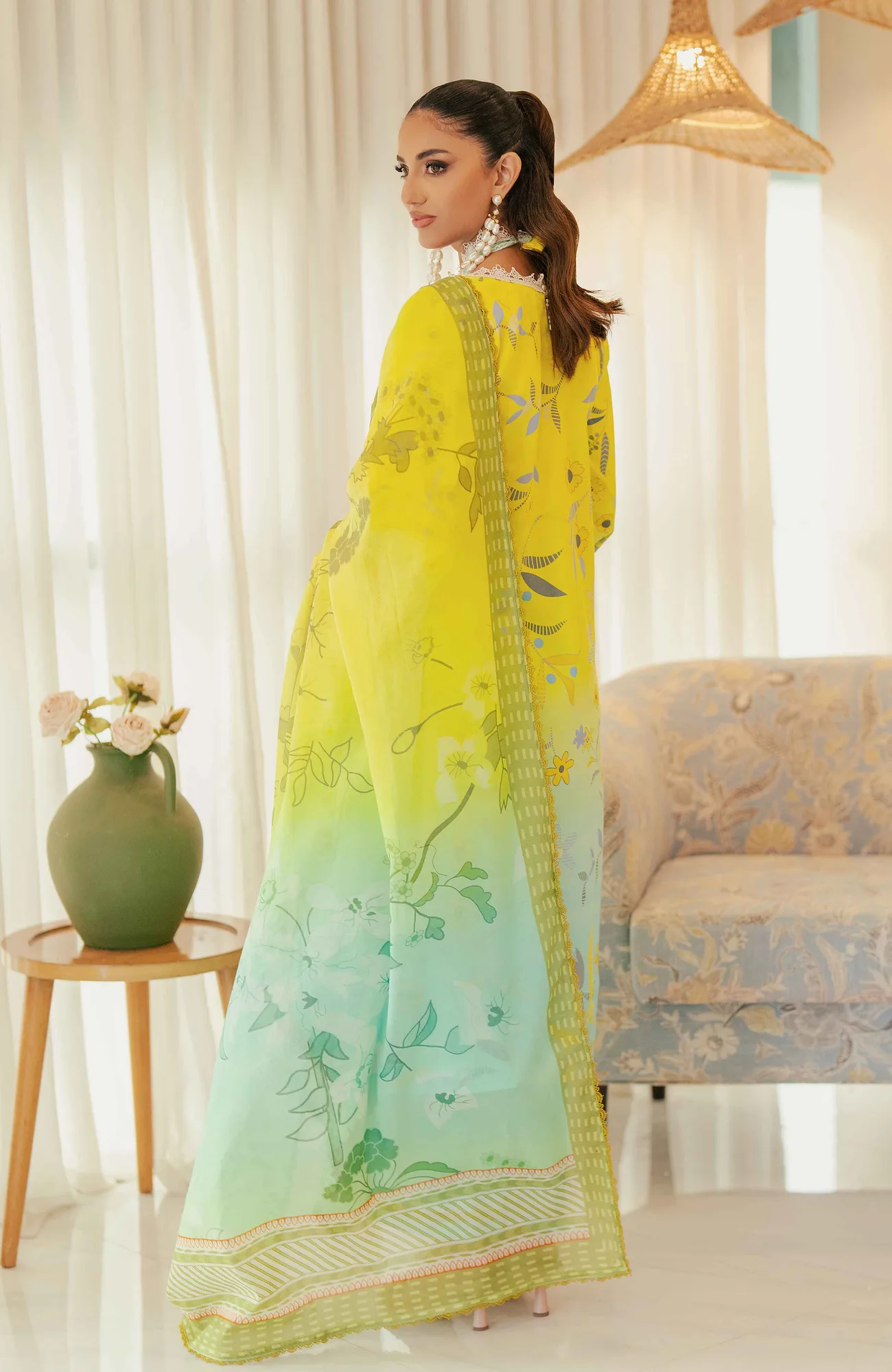 Yellow long shirt with cotton silk fabric – view 2 – Poshaq