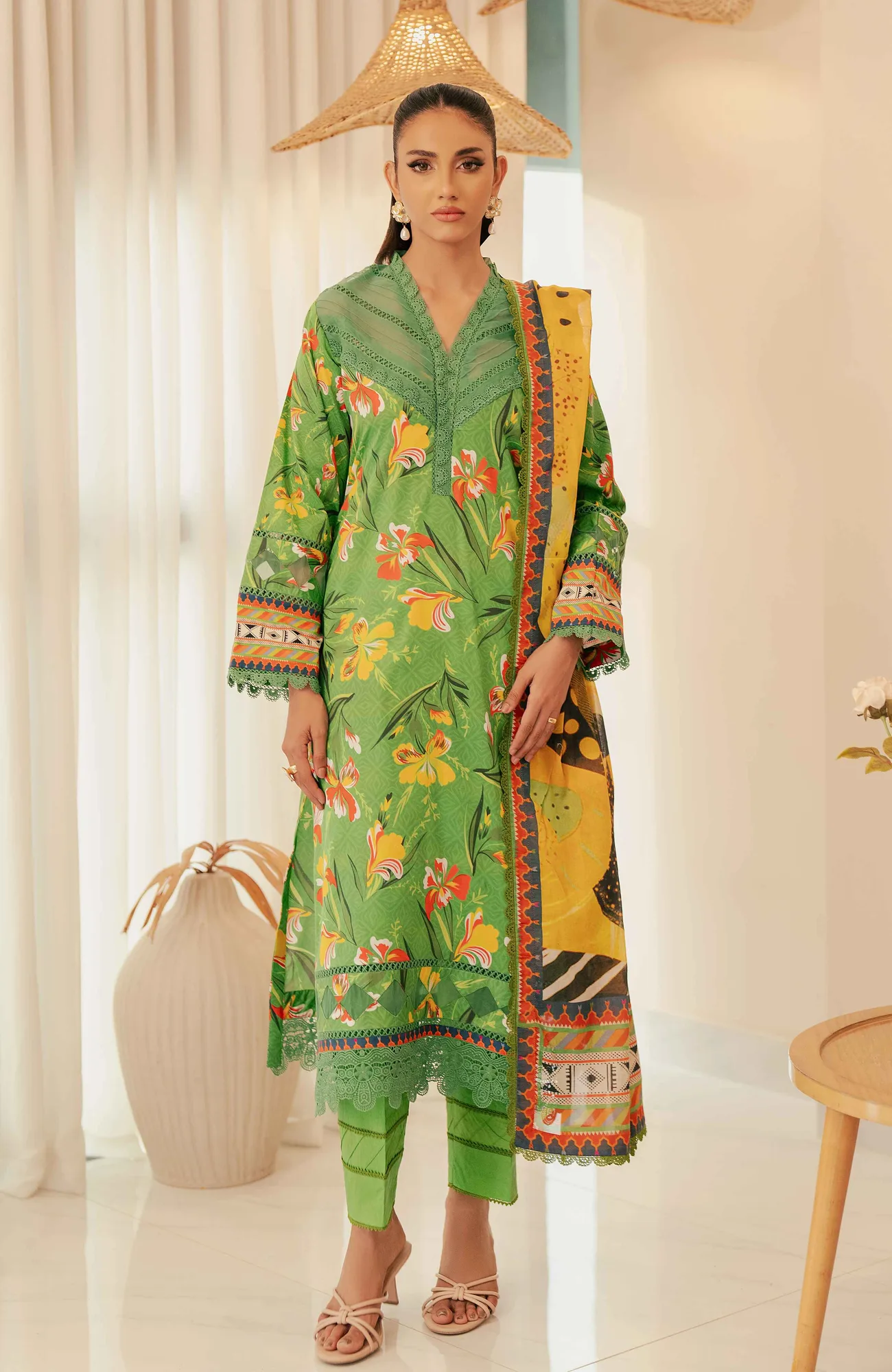 Forest green long shirt with digital printed cotton satin dupatta – view 1 – Poshaq