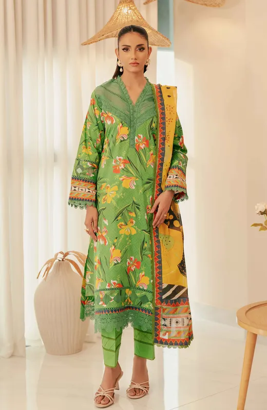 Forest green long shirt with digital printed cotton satin dupatta – view 1 – Poshaq