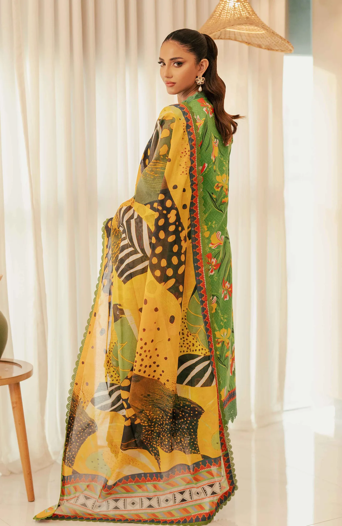 Forest green long shirt with digital printed cotton satin dupatta – view 2 – Poshaq