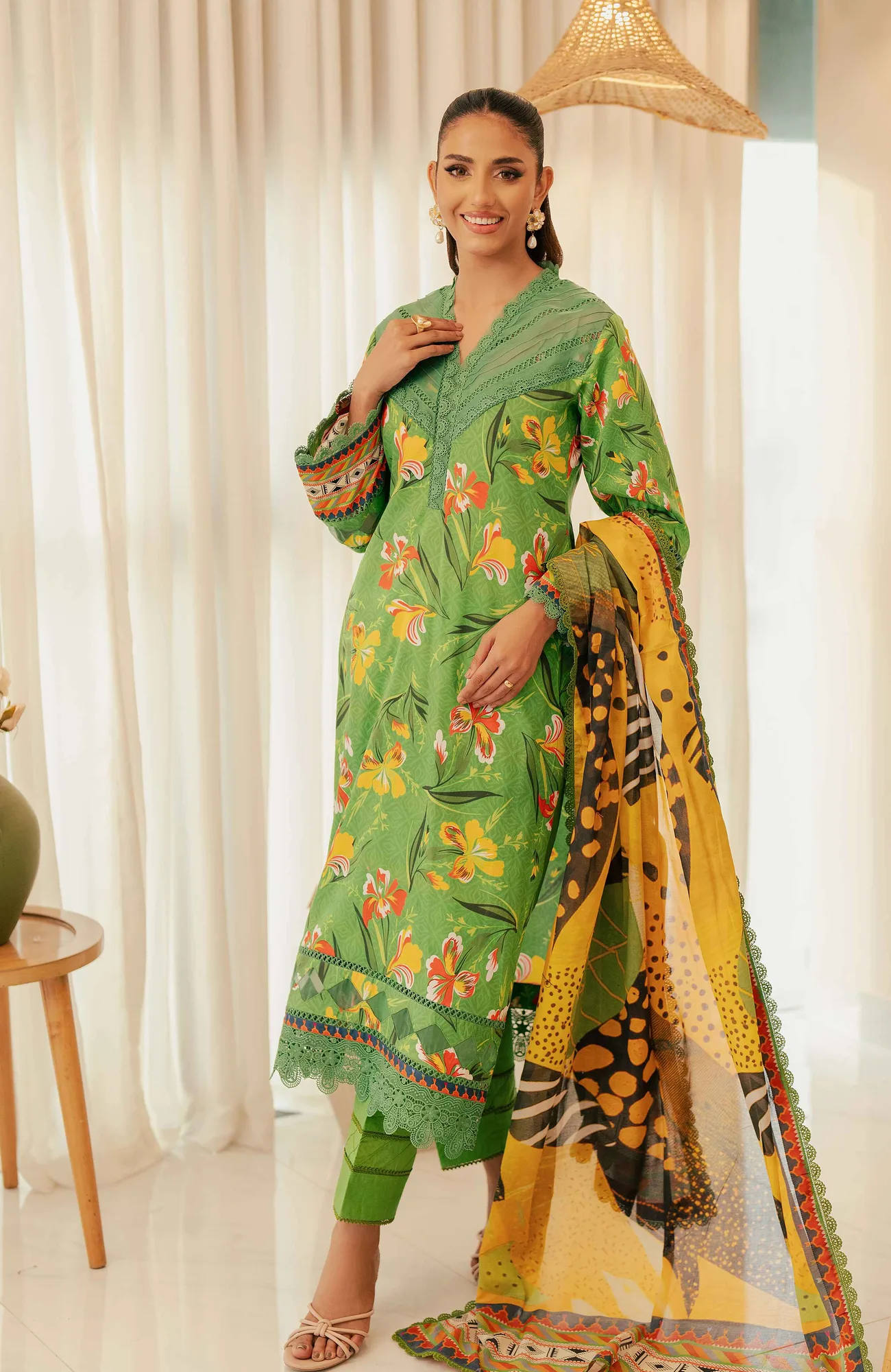 Forest green long shirt with digital printed cotton satin dupatta – view 3 – Poshaq