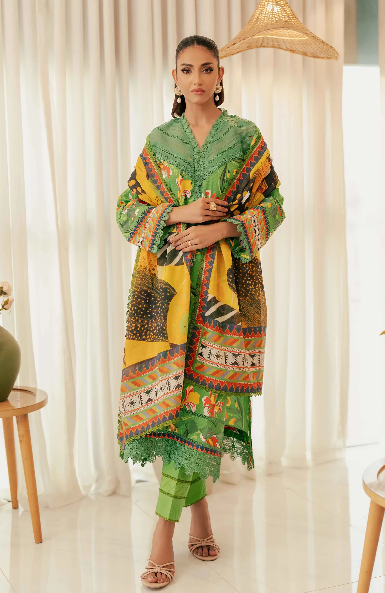 Forest green long shirt with digital printed cotton satin dupatta – view 4 – Poshaq