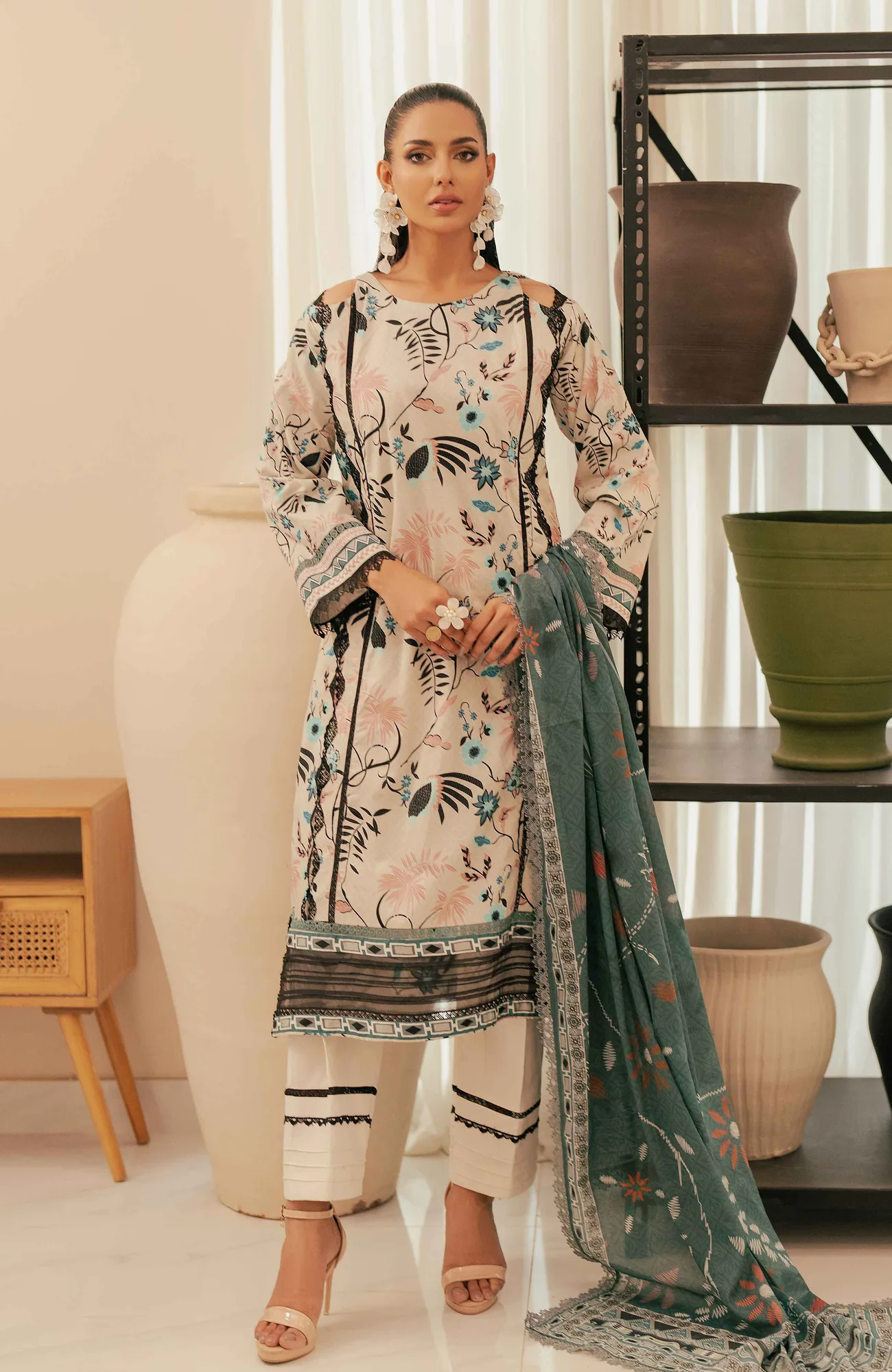 Ivory cotton silk long shirt with subtle digital print – view 1 – Poshaq