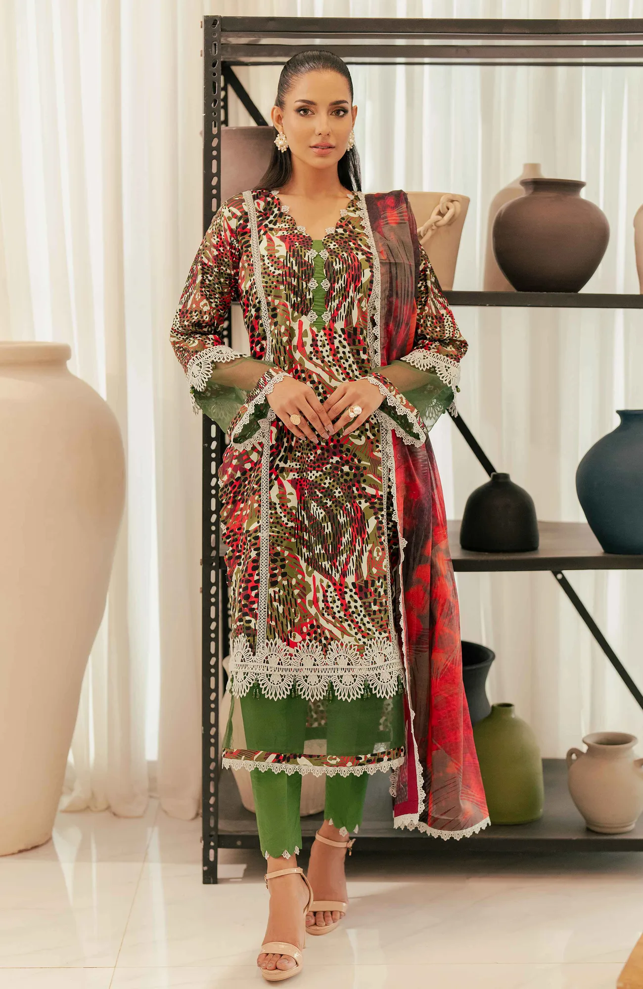 Forest Green Long Shirt with Cotton Silk detailing – view 1 – Poshaq