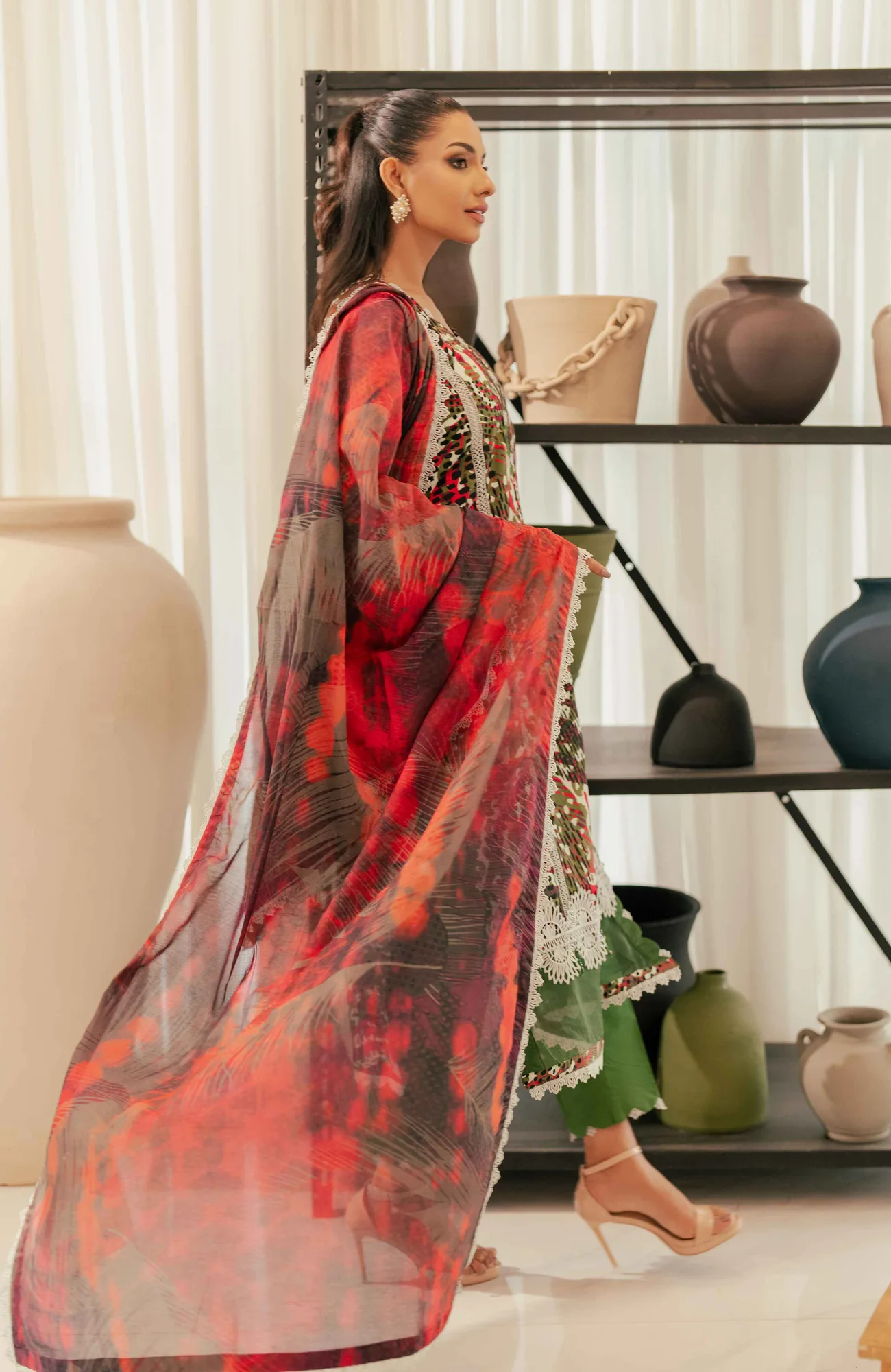 Forest Green Long Shirt with Cotton Silk detailing – view 2 – Poshaq
