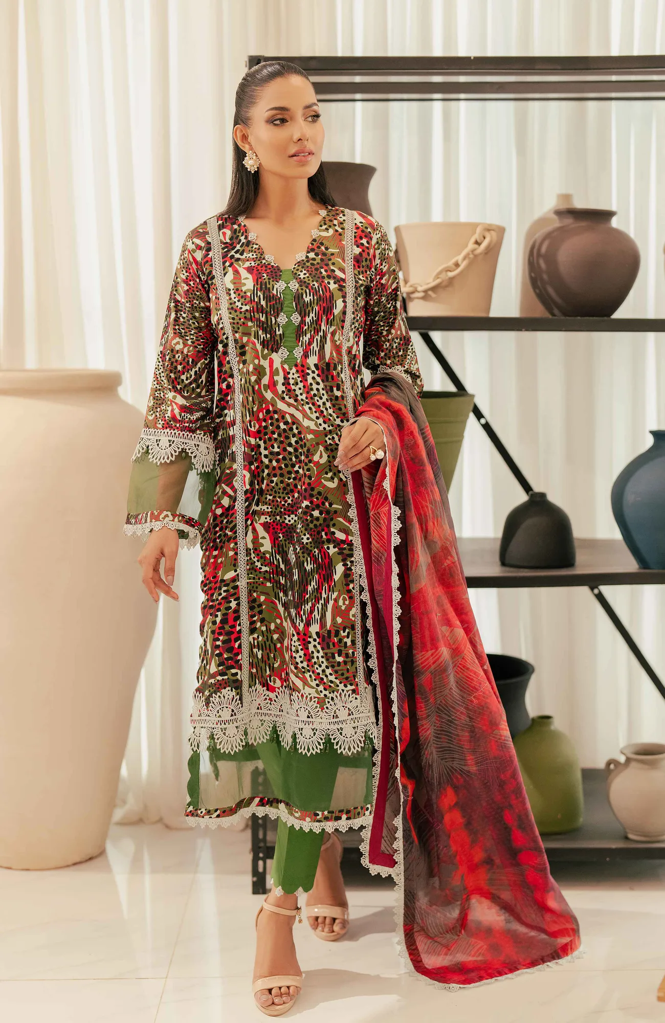 Forest Green Long Shirt with Cotton Silk detailing – view 4 – Poshaq