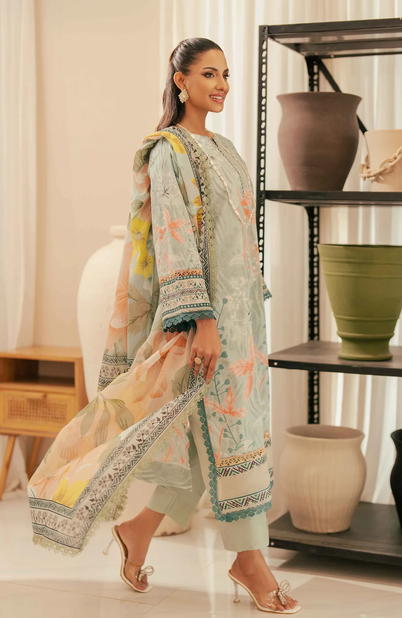 Ice Blue long shirt with cotton silk fabric – view 3 – Poshaq
