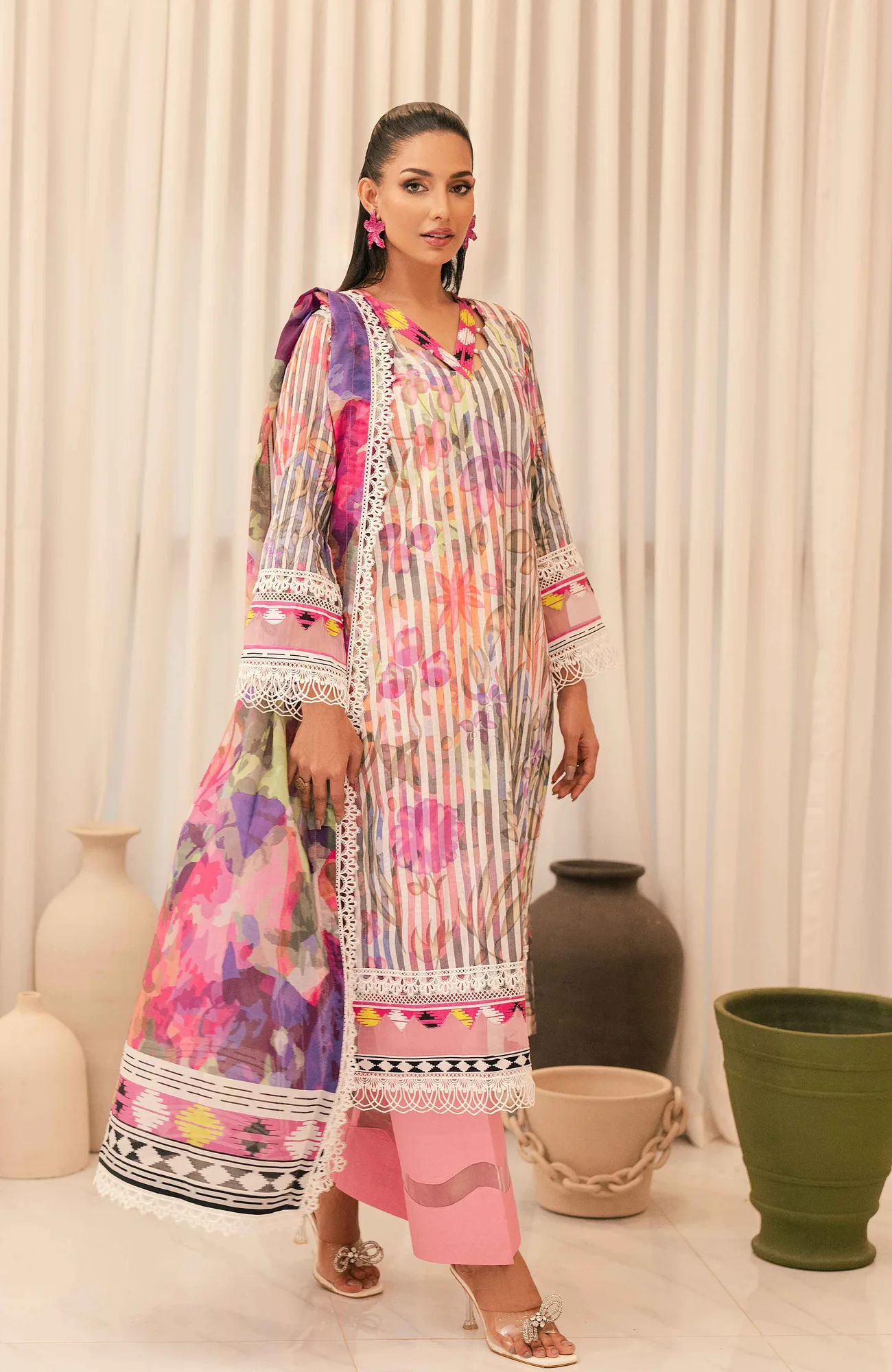 Pink long‑sleeve cotton silk shirt with subtle digital print – view 1 – Poshaq